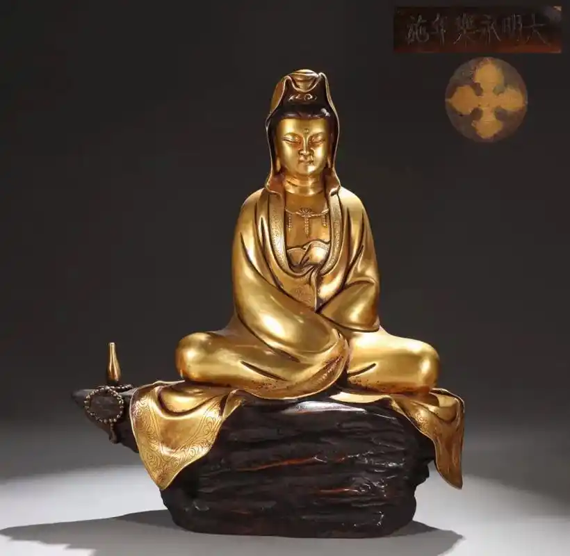 明 精铸铜胎鎏金自在观音坐像【 - 抖音