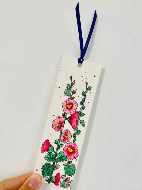 水彩书签分享蜀葵自制书签附线稿