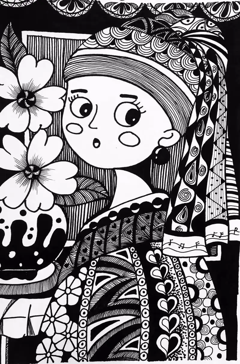 手绘插画|名画转线描《戴珍珠耳环的少女》#图文伙伴计划 #一 - 抖音