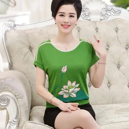 qma新款中老年女装夏装新款短袖t恤衫大码妈妈装短袖40-50岁中年妇女