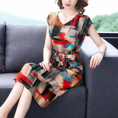 真丝连衣裙女2021夏季流行中长裙杭州丝绸大牌桑蚕丝裙子修身气质