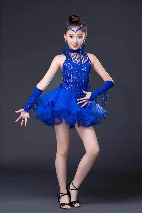 新款儿童拉丁舞裙2018女童亮片拉丁舞纱裙流苏烫钻舞蹈表演服装