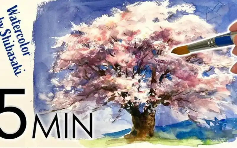 水彩画柴崎爷爷5分钟水彩教学系列樱花树带渣的不能再渣的字幕