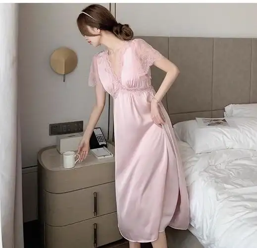 夏季短袖带胸垫睡裙女士蕾丝边v领弹力缎面冰雪丝绸睡衣超长睡裙 - 17