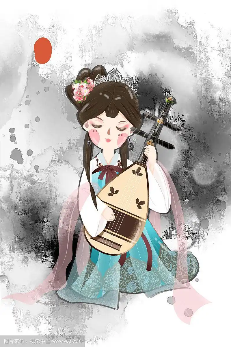 中国风可爱古代女性弹琵琶插画