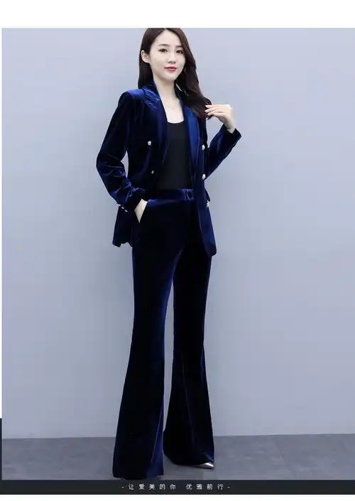 丝绒西装套装女秋冬新款修身时尚气质喇叭裤职业装金丝绒 黑色外套