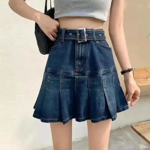 ins韩版设计感牛仔百褶裙女夏季新款高腰学生宽松百搭显瘦短裙潮图片