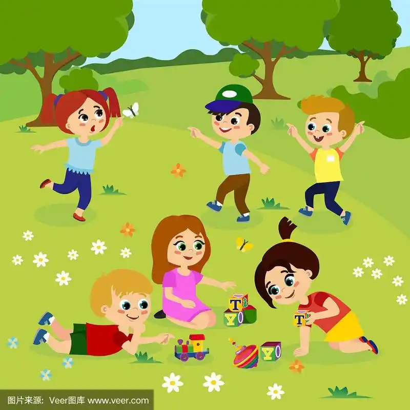 矢量插图的孩子玩在绿色的草地上的花,树.