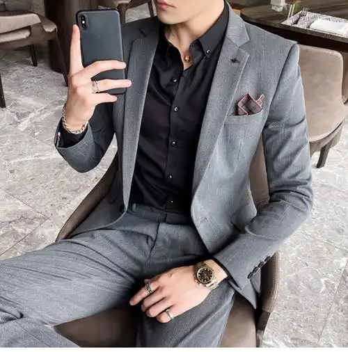 灼烟轻奢高端秋季新款帅气西装男套装青年韩版潮流修身一套结婚休闲