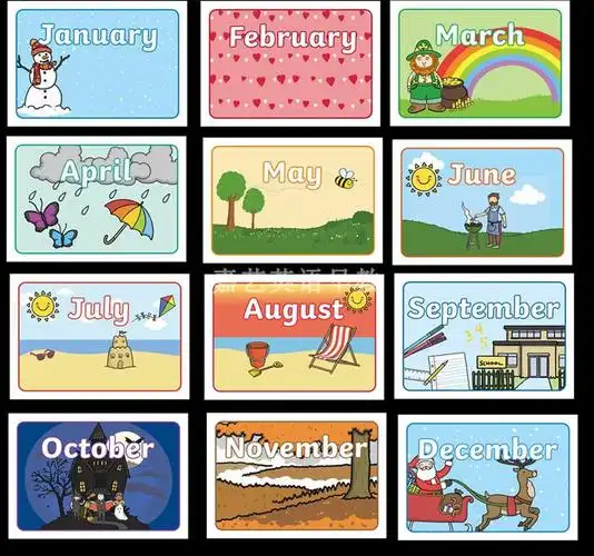 英语单词闪卡片 months 月份12个月 教室装饰 早教卡英语教师教具