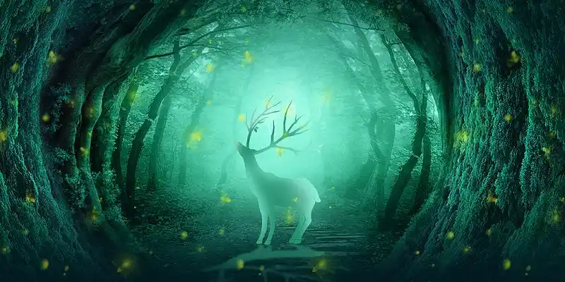 蓝色绿色黄色唯美大气森林萤火虫鹿梦幻森林展板背景