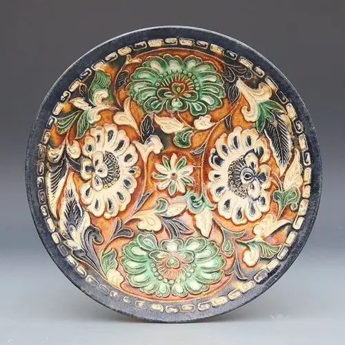 唐三彩 刻划牡丹纹 碗盘