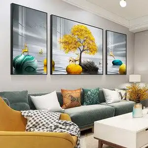 北欧客厅装饰画沙发后面背景墙挂画晶瓷轻奢现代简约三联室内壁画