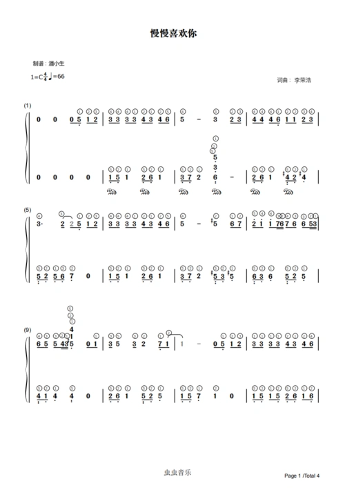 [双手简谱] 慢慢喜欢你 带指法 c调 简化版 莫文蔚钢琴谱-虫虫钢琴