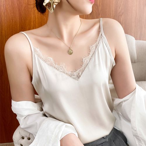新款黑色外穿背心桑蚕蕾丝真丝白黑色打底春夏背心吊带