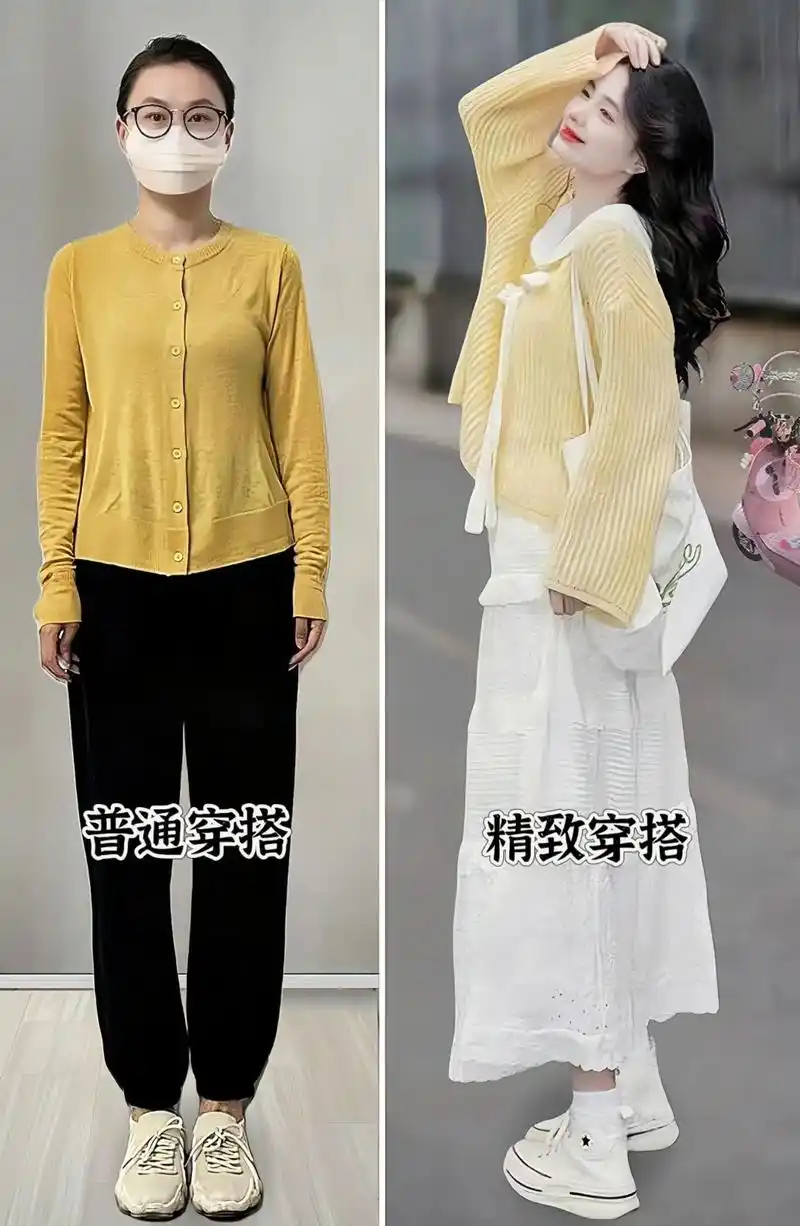 娃娃领蝴蝶结针织衫与白色半身裙的搭配,宛如秋日里的