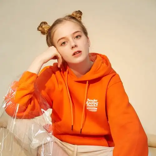 hush!原创设计新款潮酷文字橙色舒适薄绒纯棉帽衫卫衣