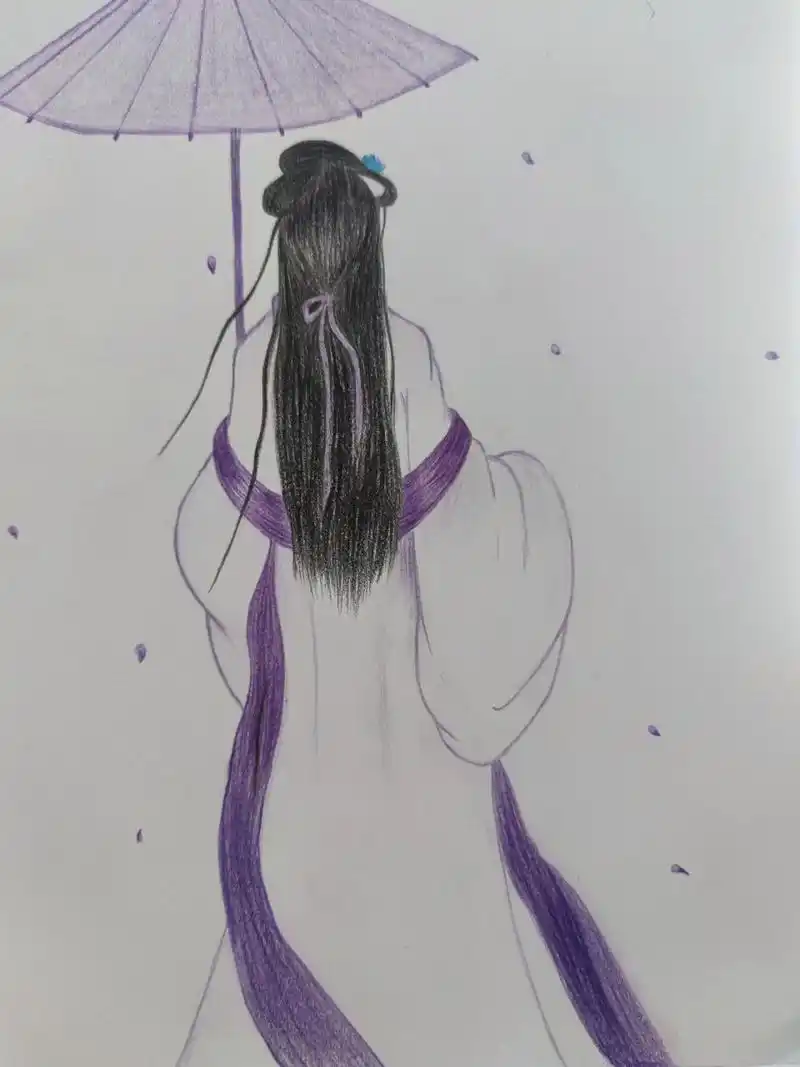 自学彩铅画/1  古风美人背影1 临摹了 一副两米八的紫妹妹.