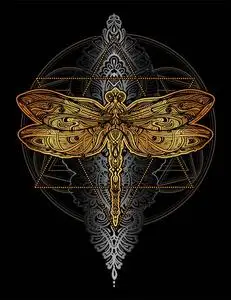 纹身手绘矢量彩色插图矢量插图与手绘蜻蜓和神圣的几何符号在白色背景