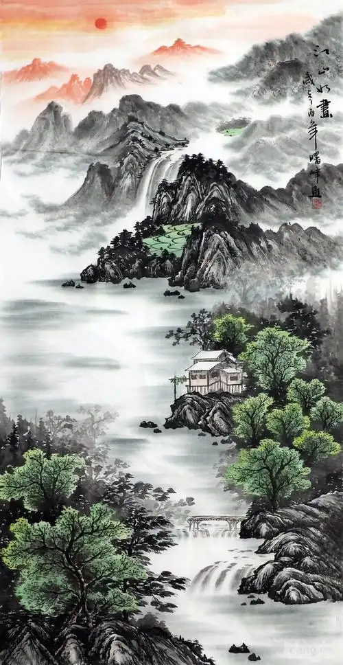 李曙峰纯手绘国画山水字画收藏客厅四尺竖幅山水画_地摊交易_华夏收藏