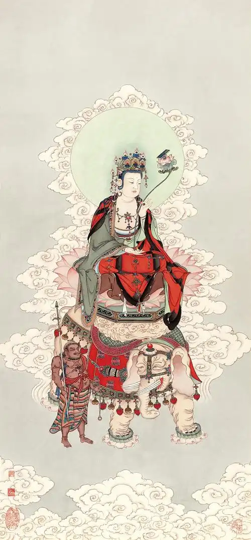 普贤菩萨佛像名画宣纸微喷复制品装饰国画字画国画