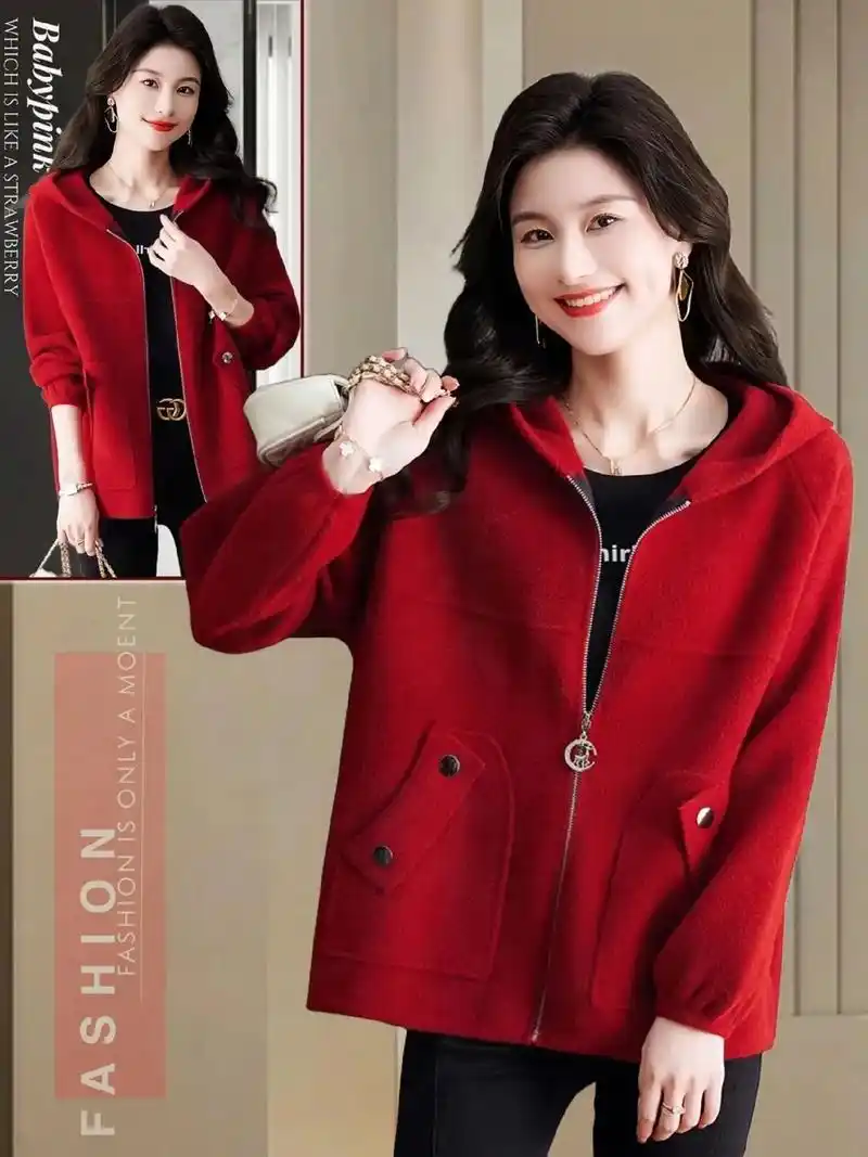 连帽毛呢外套女春秋款百搭宽松休闲女装2024新 - 抖音