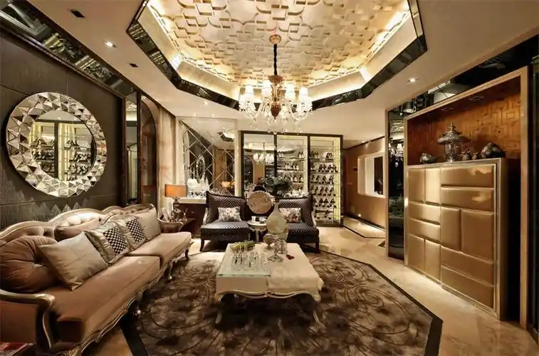 欧式奢华客厅金色吊灯室内装修效果图