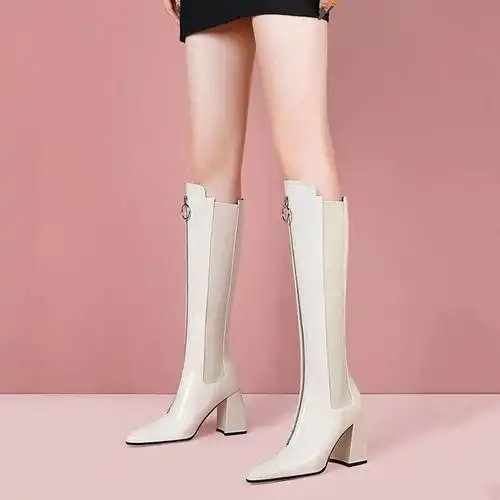 长筒靴2021新款秋白色长靴女增高软皮高筒骑士靴亮皮高跟长筒女靴子米