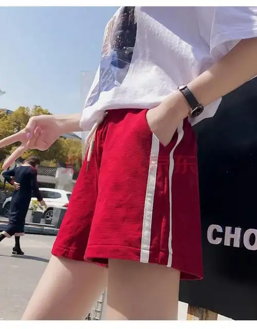 运动短裤女夏宽松ins潮外穿跑步韩版休闲高腰bf风中裤直筒五分裤 红色