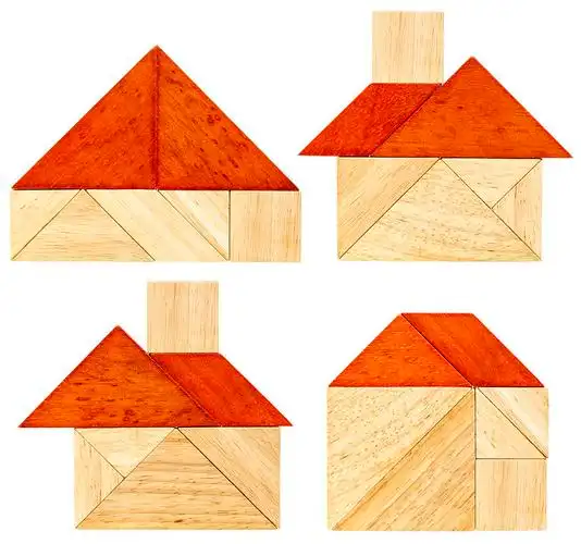 七巧板_房子_抽象_四个_红色_屋顶_建造_木质_传统_中国_谜题_游戏