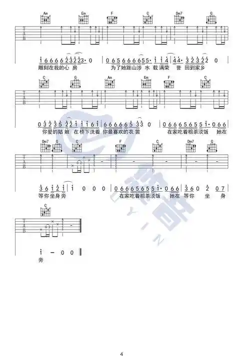 你的姑娘吉他谱 c调高清版-悠音课堂编配-隔壁老樊1