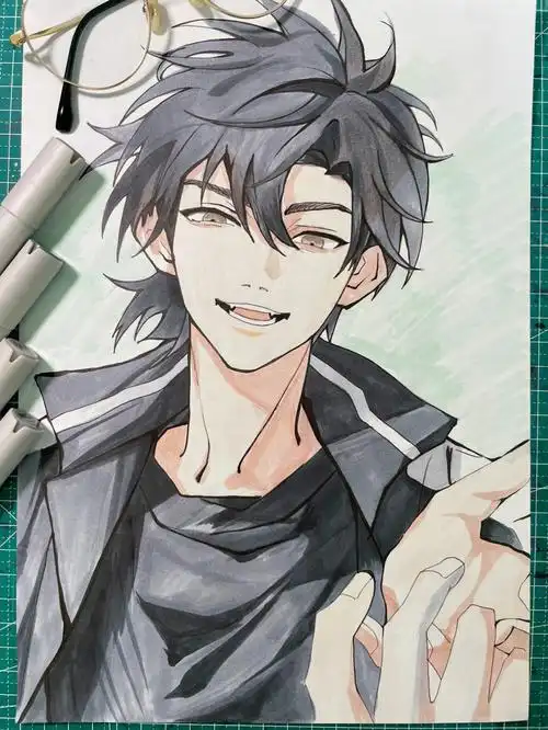 马克笔手绘  #动漫男生头像  #上色马克笔色号:头发和衣服:cg4–gg8