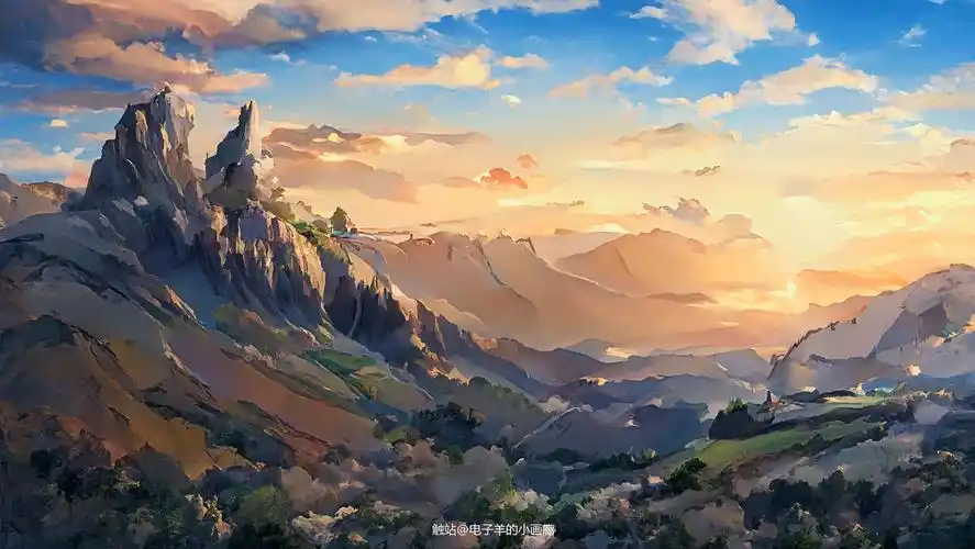 夕阳下远山插画图片壁纸