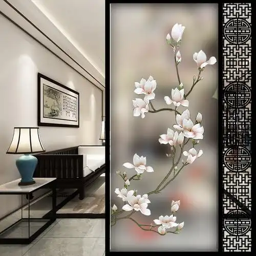 新品钢化雕花艺术玻璃隔断屏风鞋柜玄关客厅透光双面现代简约玉兰