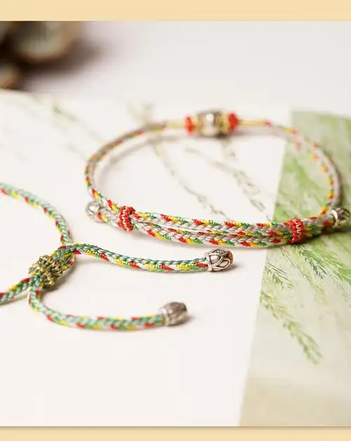 五彩绳镀金粽子手串手链 手工编织七彩色手链首饰五彩线手链五彩绳