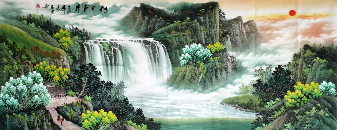 聚宝盆青绿山水《旭日东升》 - 聚宝盆山水画 - 99字画网