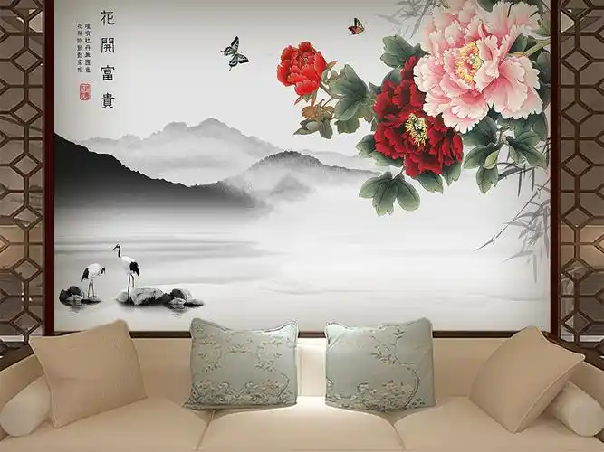 花开富贵中式背景墙(图片编号:16841635)_中式电视背景墙_我图网