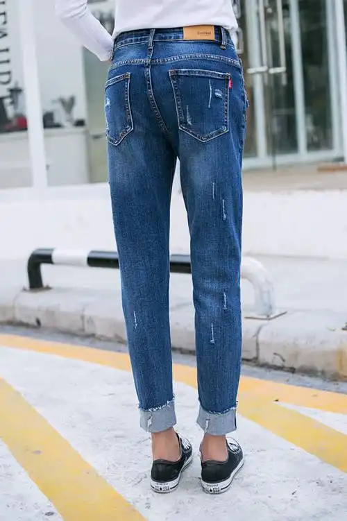 蓝色卷边直筒牛仔裤女式韩版宽松显瘦九分裤