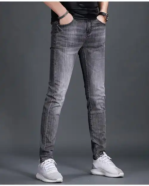 范莉泰烟灰色牛仔裤男修身小脚裤夏季薄款韩版潮流时尚百搭休闲牛仔长