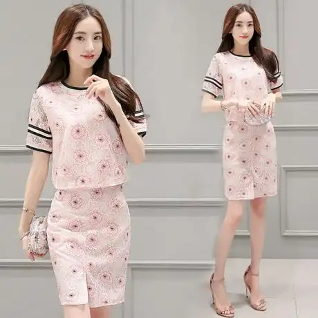 套装女2016夏季新款女装时尚短袖印花蕾丝衫包臀裙夏装名媛两件套