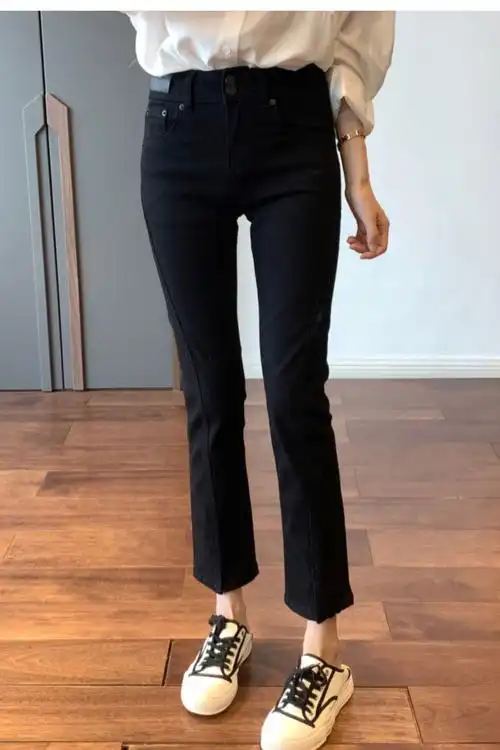 2021秋冬新款大码直筒牛仔裤女弹力黑色开叉胖妹妹高腰加绒阔腿裤