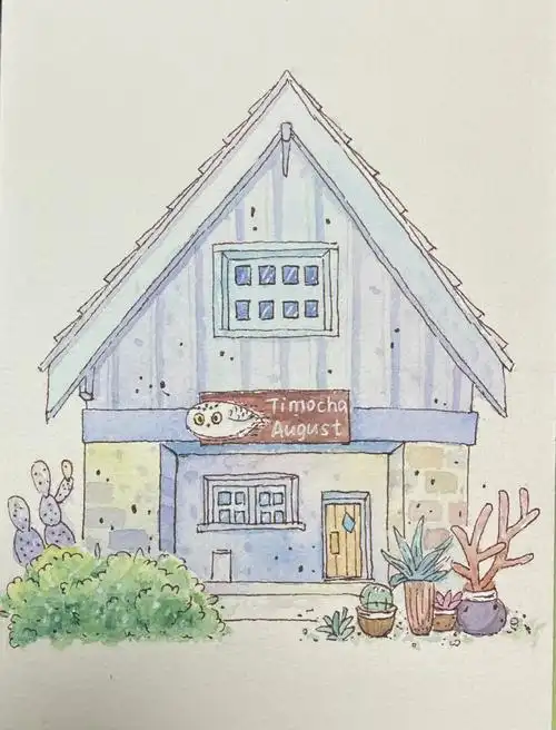 钢笔淡彩5017森林小屋