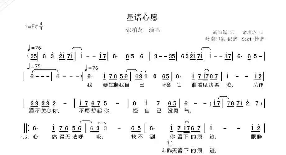 星语心愿(张柏芝演唱)——动态简谱