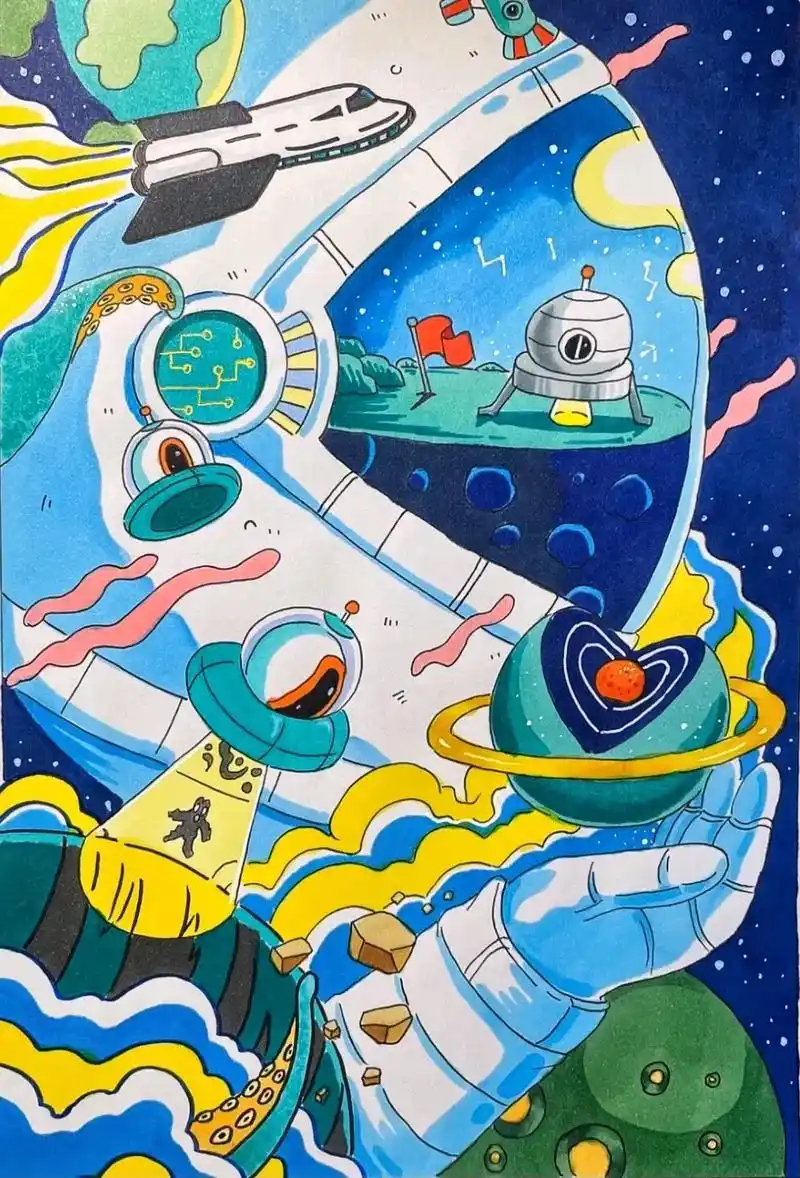 科技幻想主题创意儿童画宇宙探索空气净化.#创作灵感  #图文 - 抖音