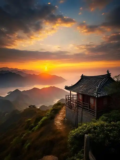 当夕阳西下,融入大海的怀抱,一幅壮丽的景象在山顶上展现.