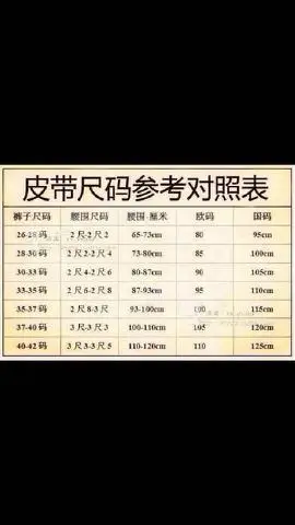 向ta提问私信ta 追答 这个是皮带与腰围对照表,你应该拿一条国码110cm