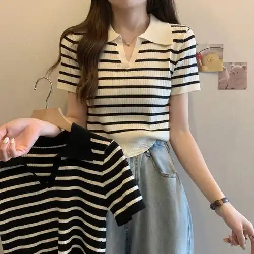 女装夏季条纹冰丝针织衫正肩短袖t恤胖mm显瘦polo领短款上衣 - 17网