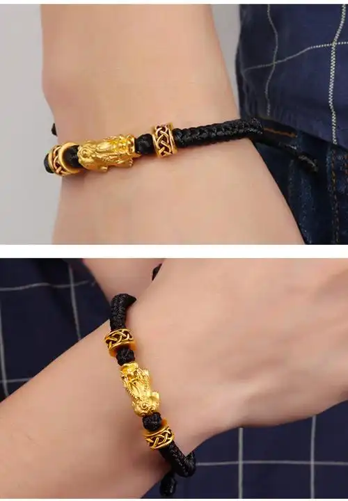 六福典雅珠宝 3d硬金足金手链 黄金貔貅编制黑绳男款手链