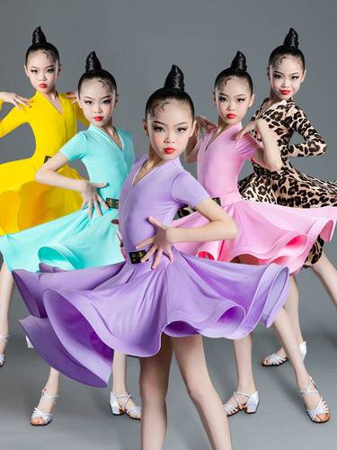 儿童拉丁舞服女童舞蹈服少儿练功服女孩短袖连体拉丁舞裙演出服装