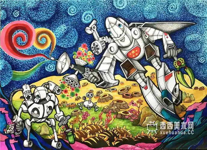 一等奖小学生获奖科幻画收集太空能源机器人赏析